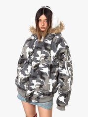 GKIKZ LUXURIOUS WHITE CAMOUFLAGE PRINT FAUX FUR HOODED JACKET