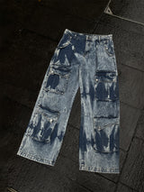 GKIKZ MULTI-POCKET TIE-DYE DENIM BAGGY JEANS