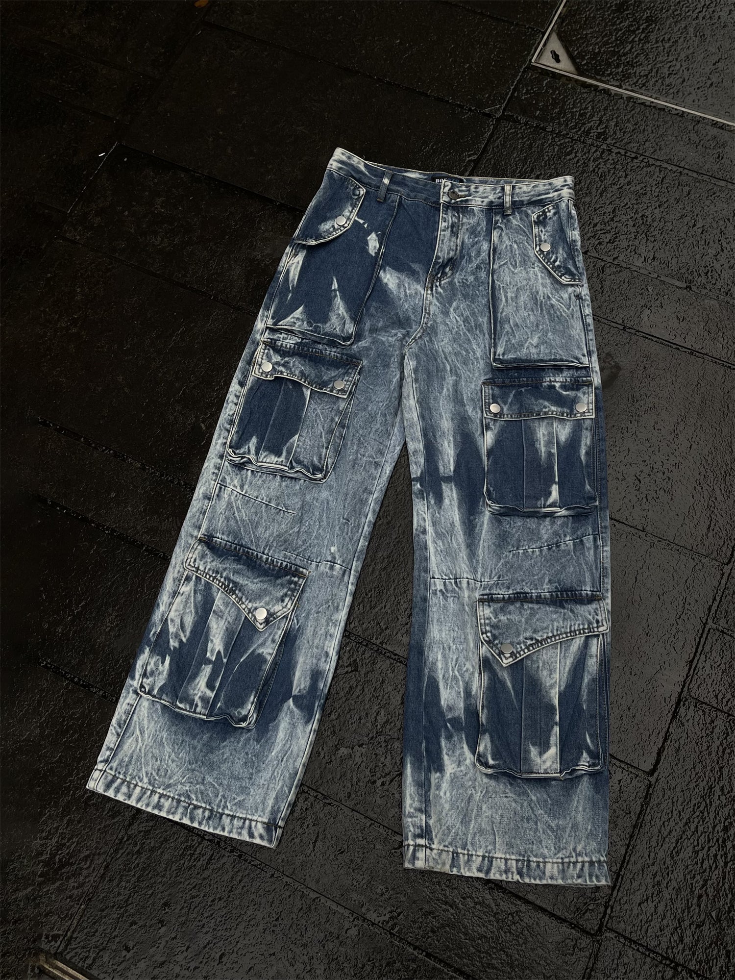 Multi-Pocket Tie-Dye Denim Baggy Jeans