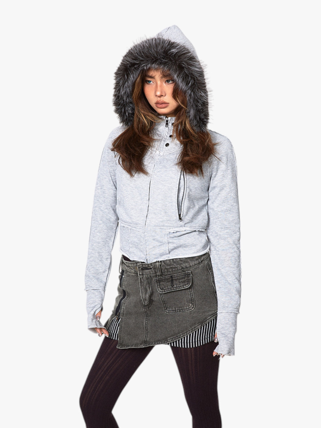 GKIKZ SLIGHT TIGHT FUR COLLAR HOODED CARDIGAN
