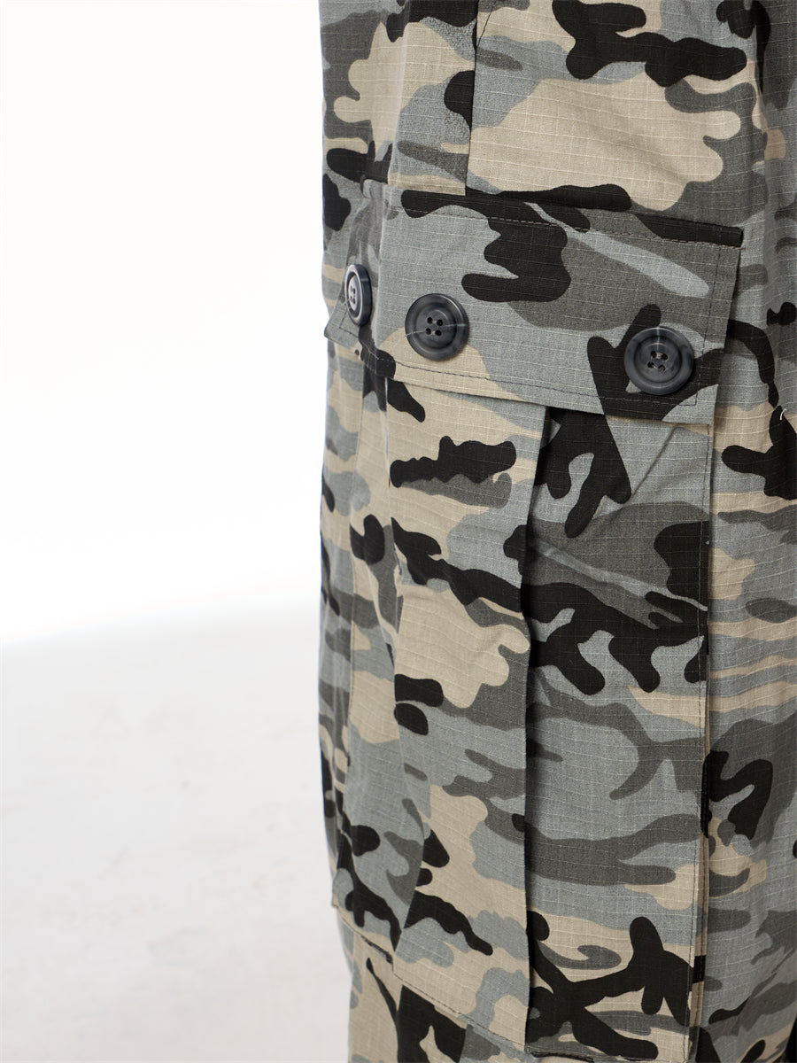GKIKZ CAMOUFLAGE BIG POCKET LOOSE WIDE-LEG PANTS