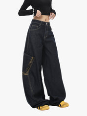 GKIKZ BIG POCKET LEOPARD PATCHWORK SCIMITAR BAGGY JEANS