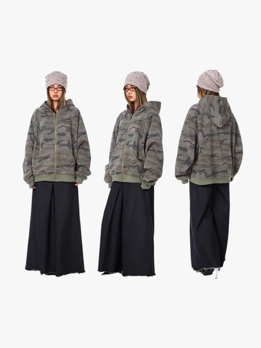 GKIKZ RETRO CAMOUFLAGE LOOSE ZIPPER CARDIGAN