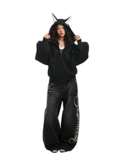 [25AW NEW ARRIVAL] GKIKZ STUDDED DEVIL HORN HOODIE - PREMIUM COTTON ZIP-UP