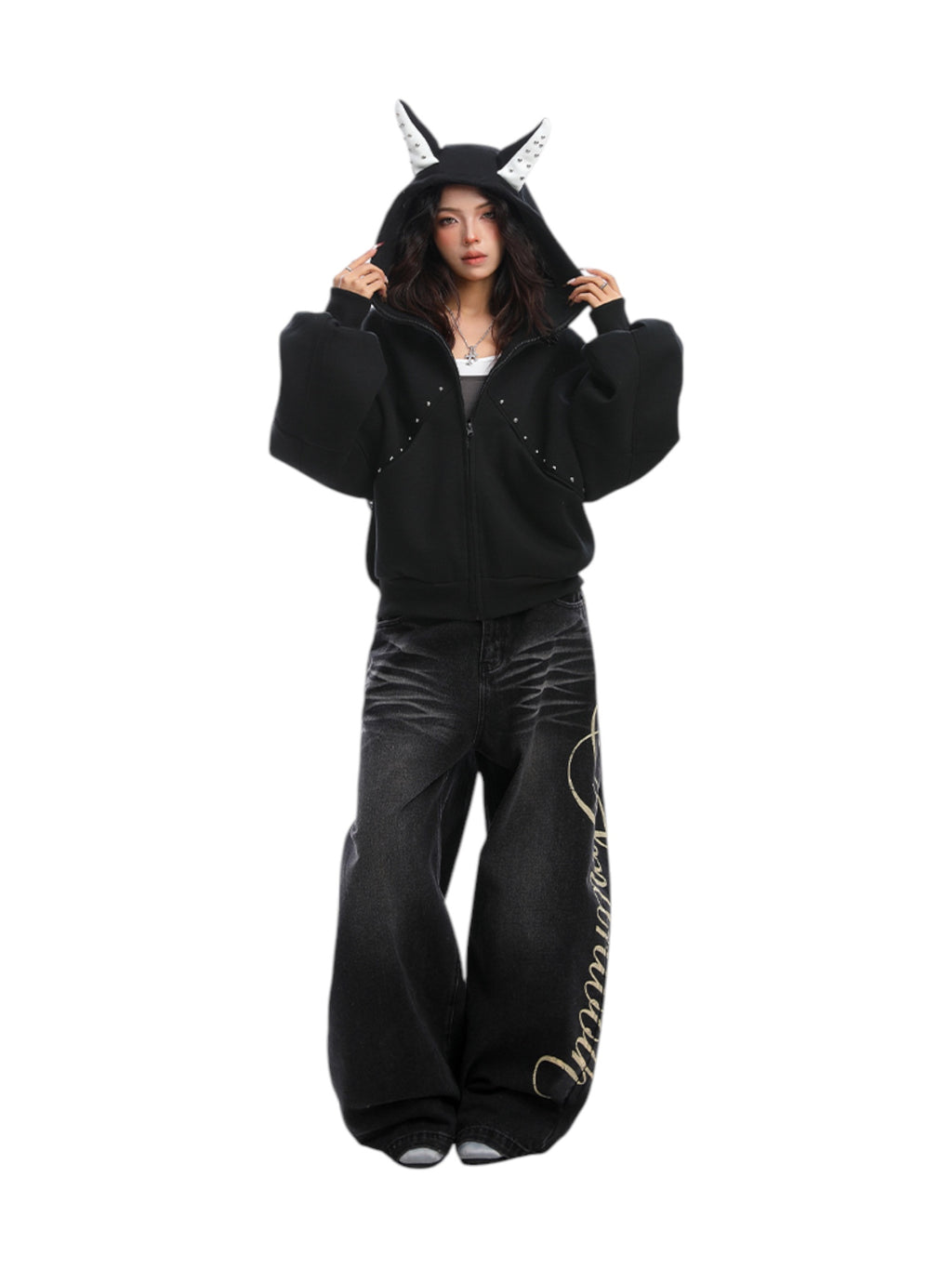 Studded Devil Horn Hoodie - Premium Cotton Zip-Up
