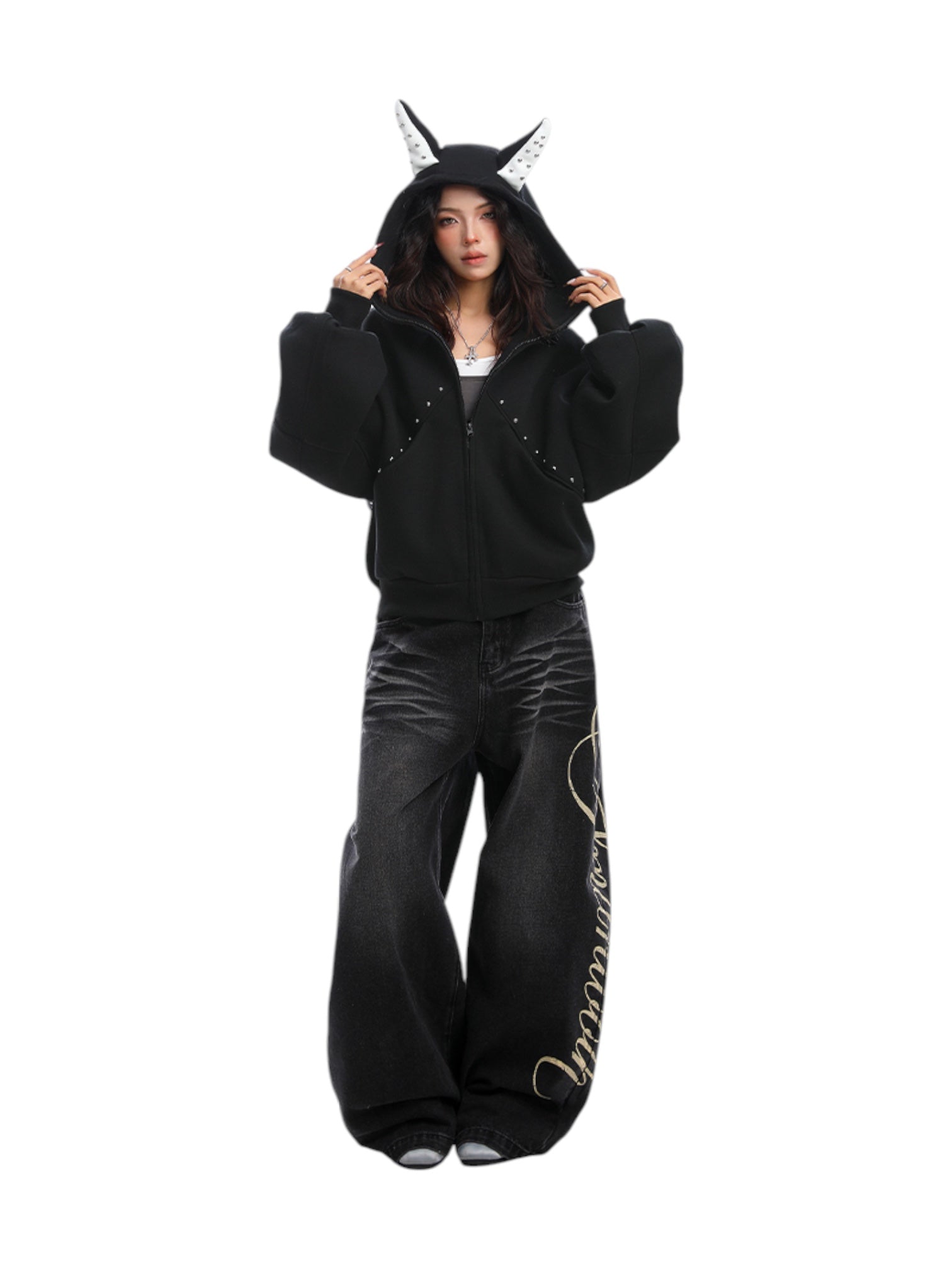 Studded Devil Horn Hoodie - Premium Cotton Zip-Up