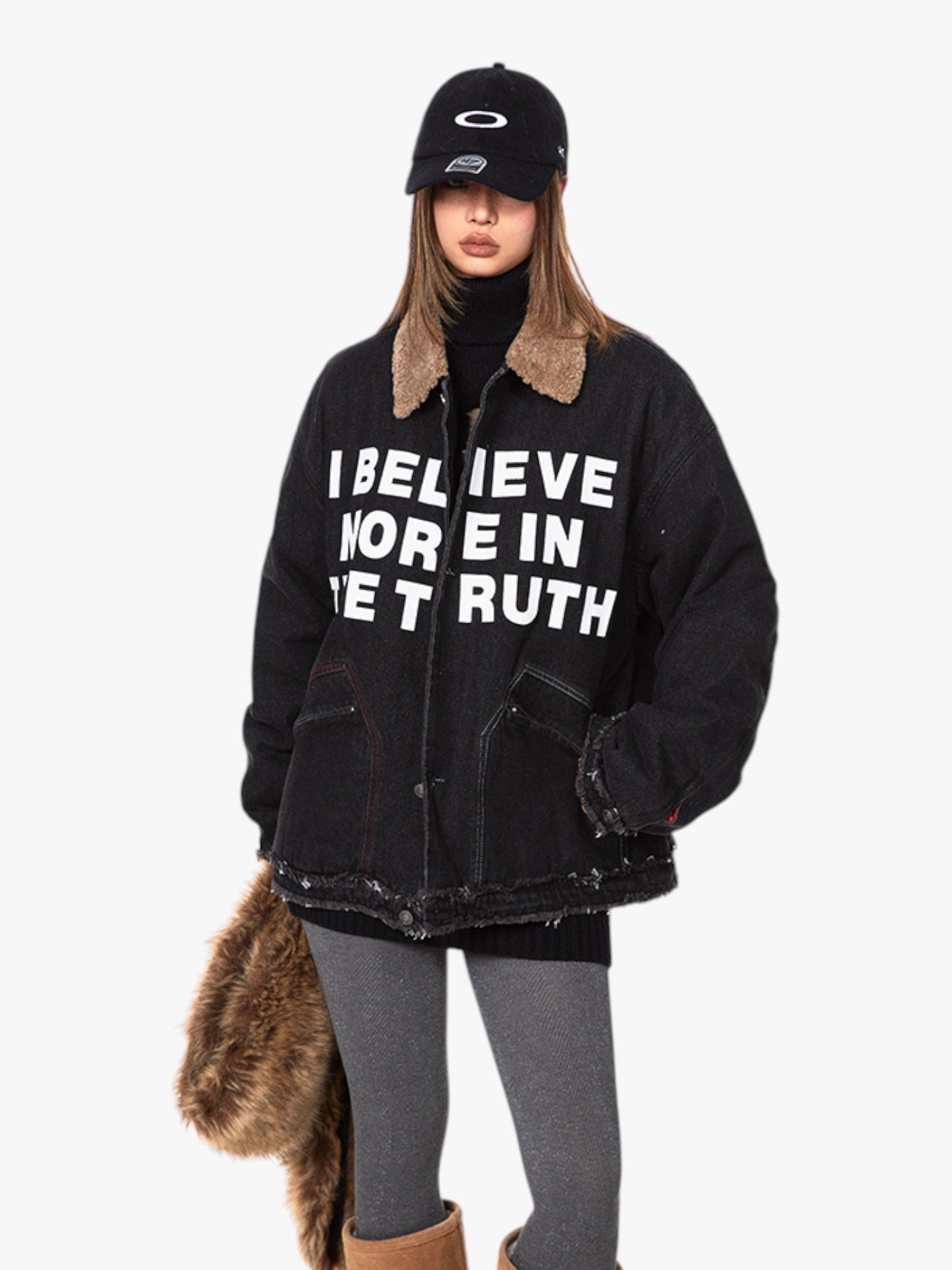 GKIKZ "I BELIEVE MORE IN THE TRUTH" SHERPA COLLAR HEAVY DENIM JACKET