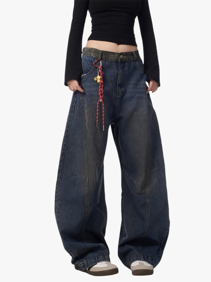 GKIKZ RETRO SCIMITAR ALL-MATCH DRAPE WIDE LEG JEANS