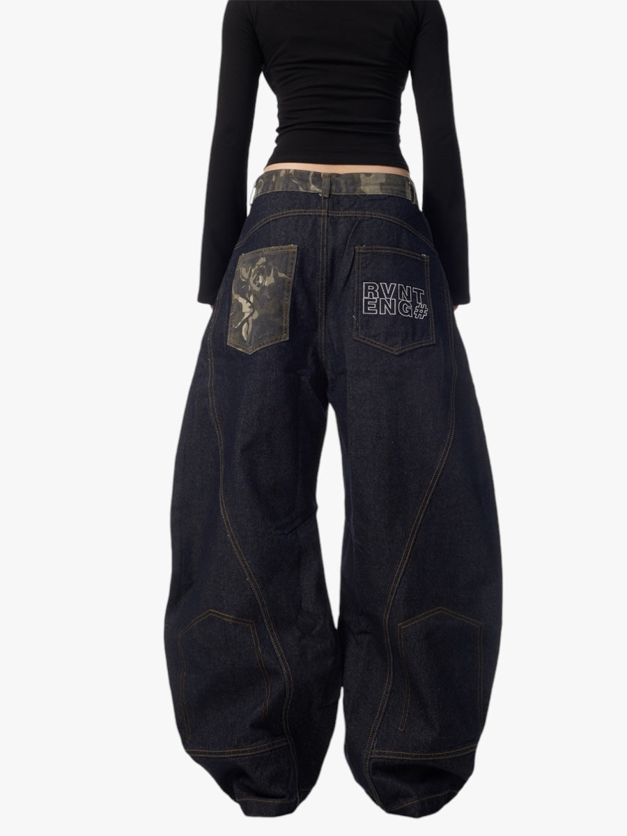 GKIKZ RETRO SCIMITAR ALL-MATCH DRAPE WIDE LEG JEANS