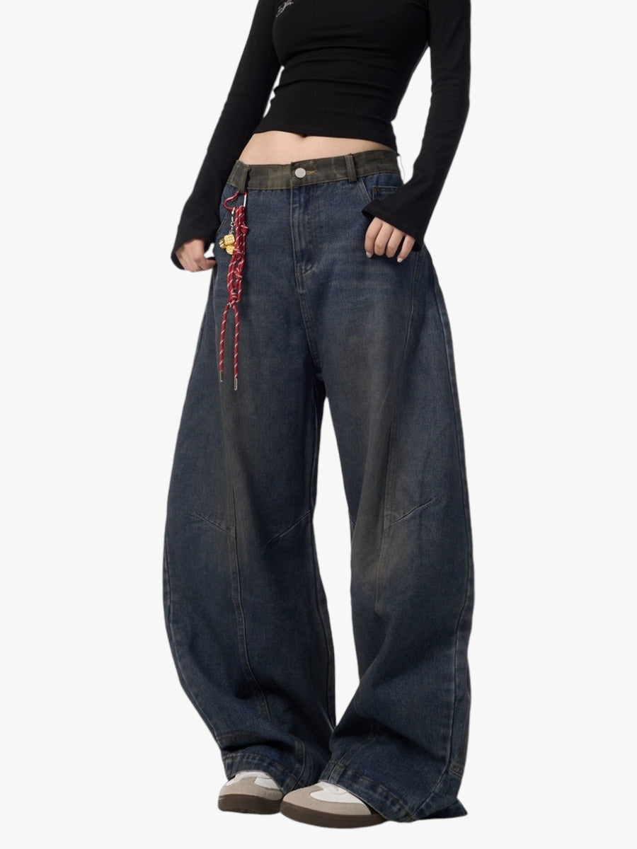 GKIKZ RETRO SCIMITAR ALL-MATCH DRAPE WIDE LEG JEANS