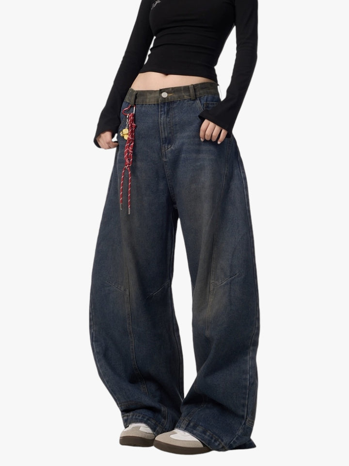GKIKZ RETRO SCIMITAR ALL-MATCH DRAPE WIDE LEG JEANS