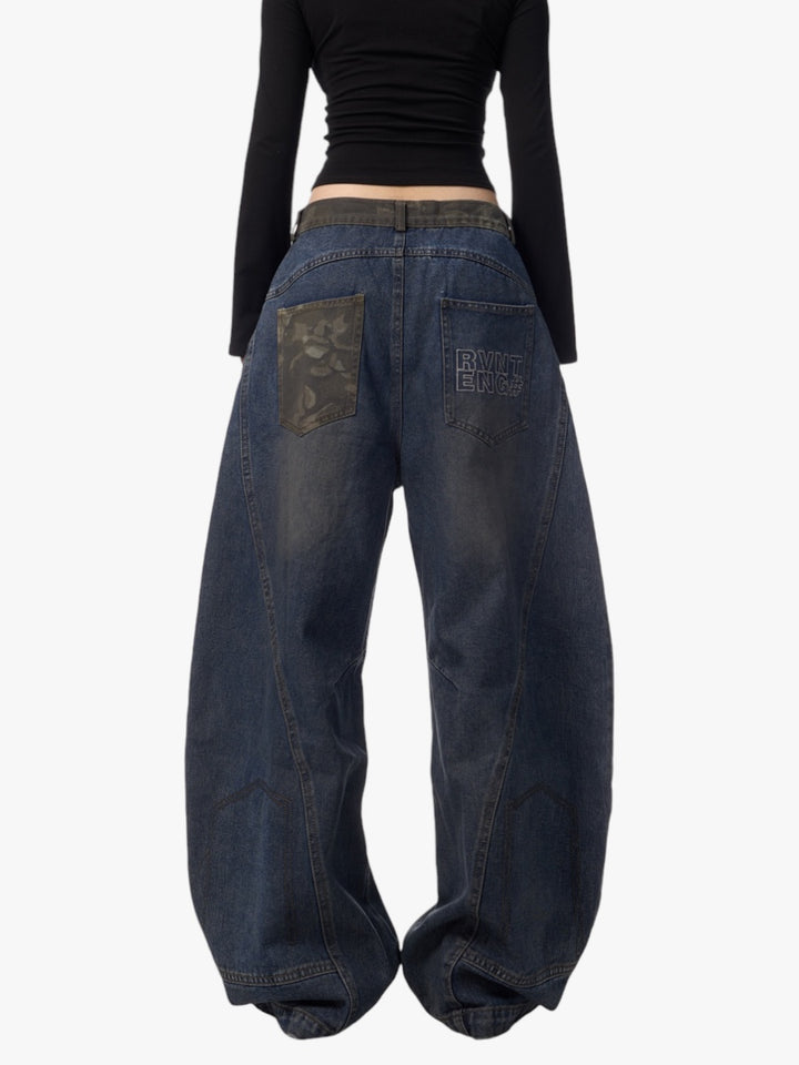 GKIKZ RETRO SCIMITAR ALL-MATCH DRAPE WIDE LEG JEANS