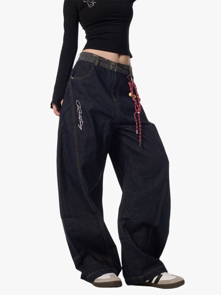 GKIKZ RETRO SCIMITAR ALL-MATCH DRAPE WIDE LEG JEANS