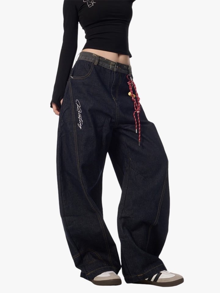 GKIKZ RETRO SCIMITAR ALL-MATCH DRAPE WIDE LEG JEANS