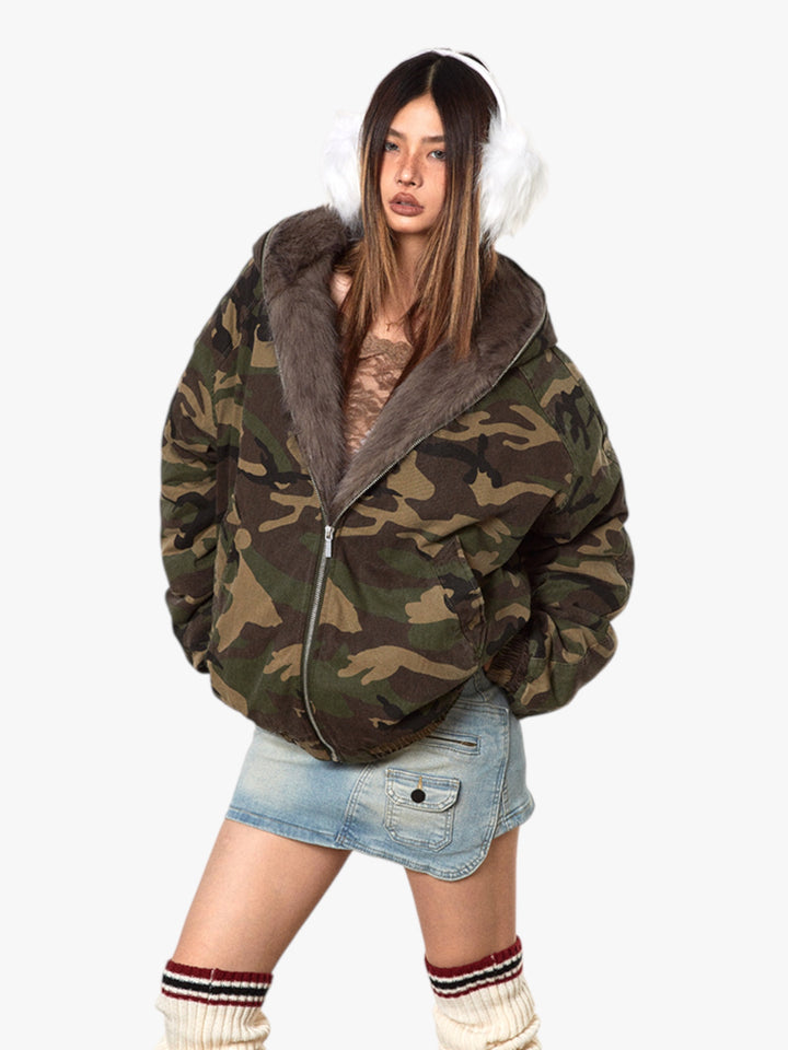 GKIKZ MOUNTAIN CARVING THICK COTTON PADDED FUR COLLAR JACKET