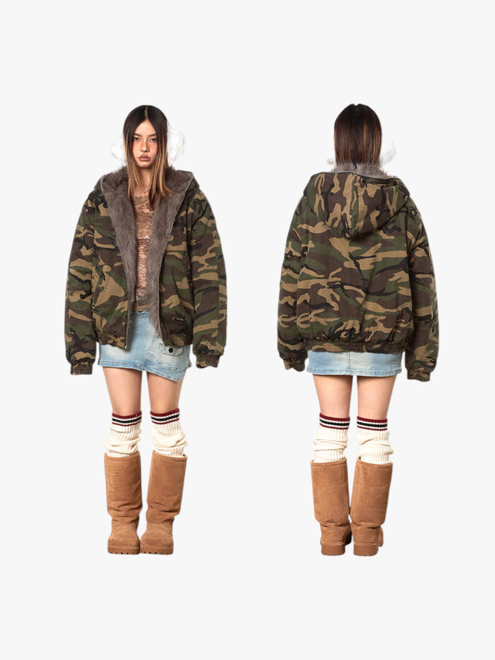 GKIKZ MOUNTAIN CARVING THICK COTTON PADDED FUR COLLAR JACKET