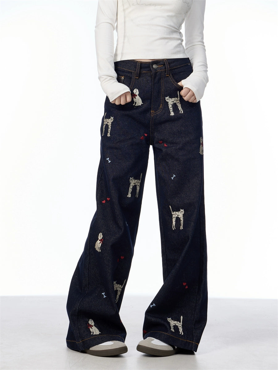 GKIKZ CHEW CHEW EMBROIDERED ANIMALS WIDE-LEG JEANS