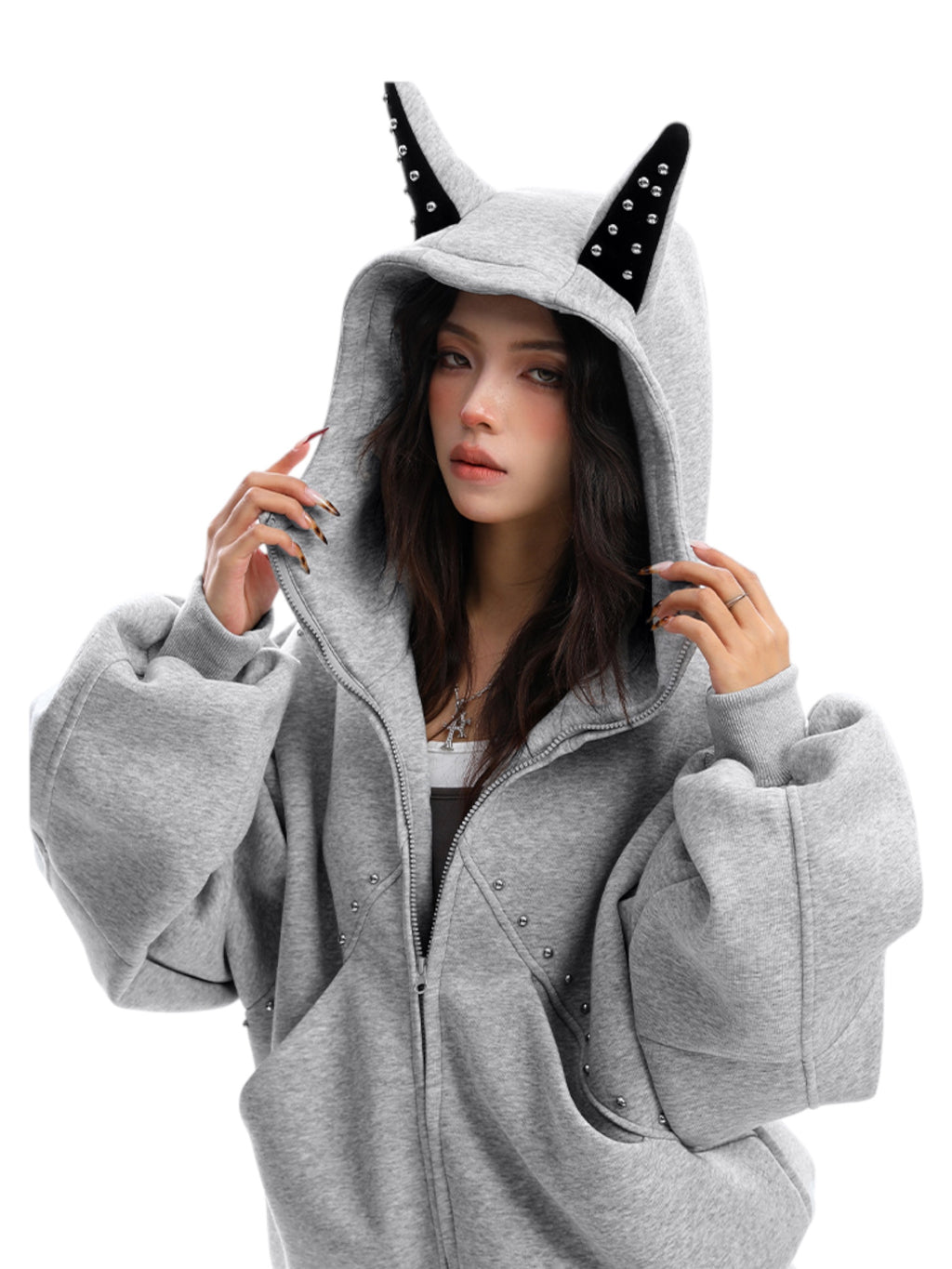 Studded Devil Horn Hoodie - Premium Cotton Zip-Up