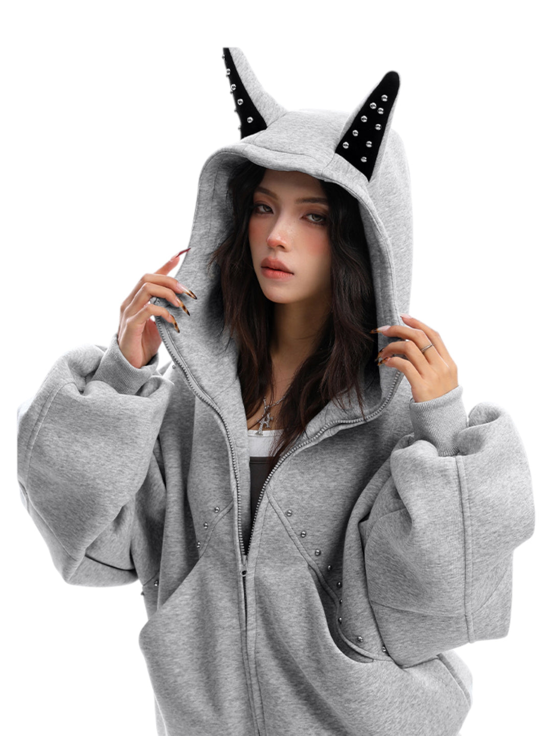 GKIKZ STUDDED DEVIL HORN HOODIE - PREMIUM COTTON ZIP-UP