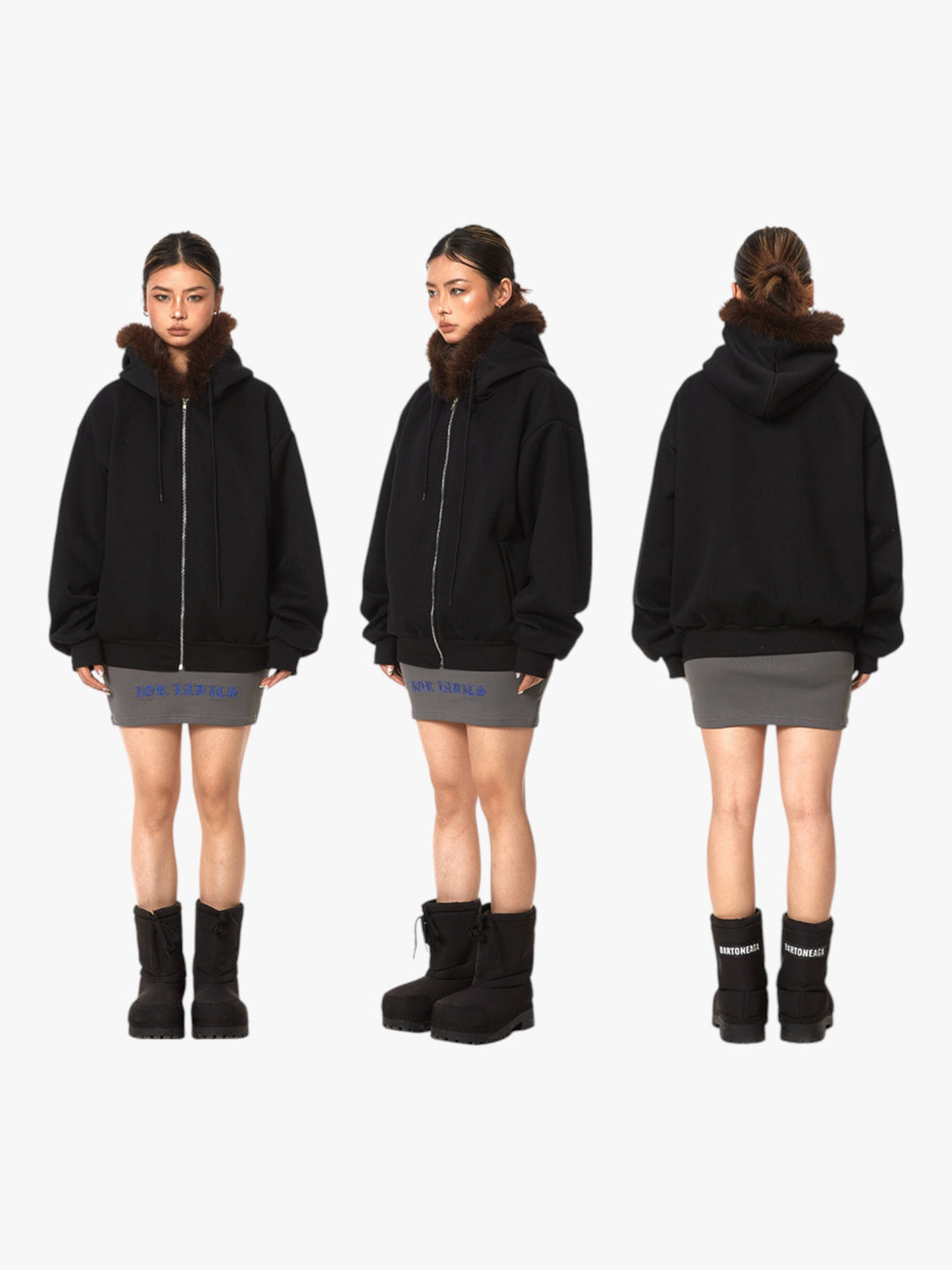 GKIKZ RETRO FUR COLLAR HOODED CARDIGAN