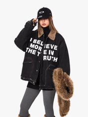 GKIKZ "I BELIEVE MORE IN THE TRUTH" SHERPA COLLAR HEAVY DENIM JACKET