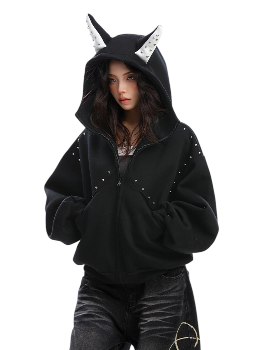 Studded Devil Horn Hoodie - Premium Cotton Zip-Up