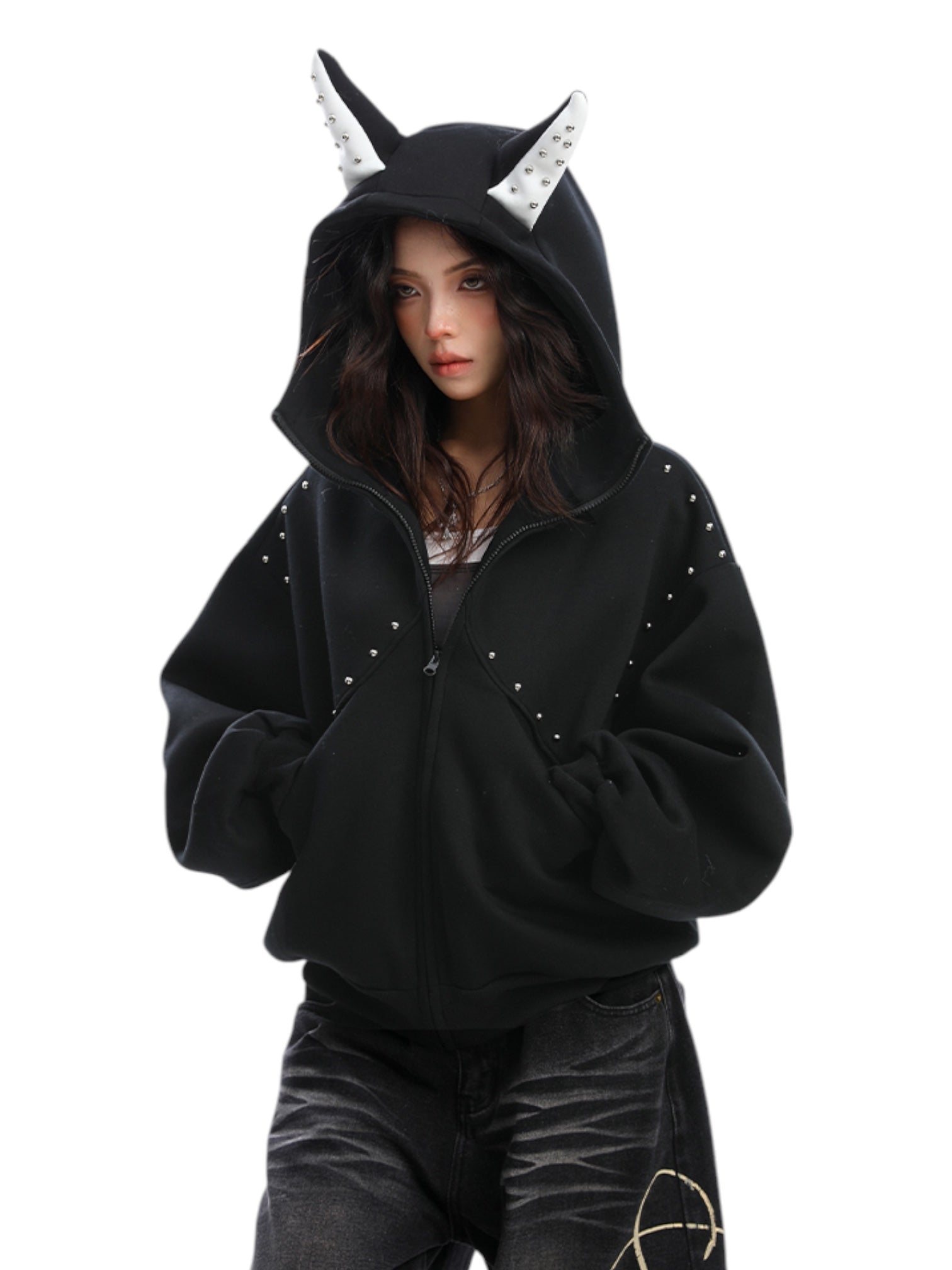 Studded Devil Horn Hoodie - Premium Cotton Zip-Up