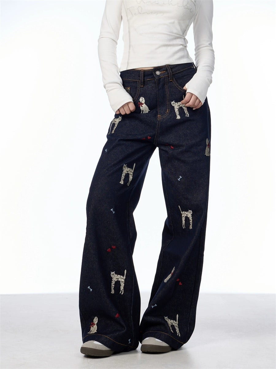 GKIKZ CHEW CHEW EMBROIDERED ANIMALS WIDE-LEG JEANS