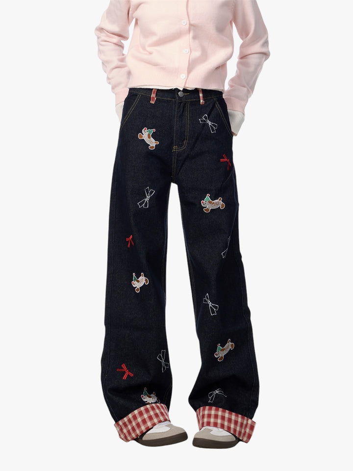 GKIKZ PLAYFUL DACHSHUND BOW WIDE-LEG HIGH WAIST JEANS