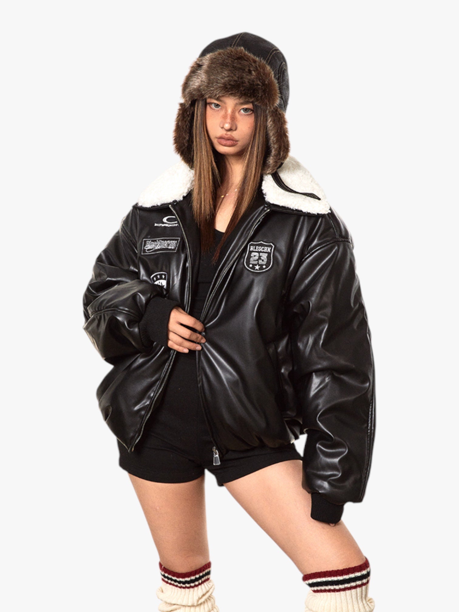 GKIKZ RETRO BASEBALL FUR COLLAR LEATHER JACKET