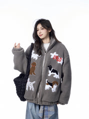 GKIKZ PUPPY EMBROIDERY LAMBWOOL FLEECE JACKET