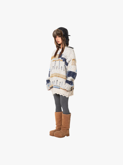 GKIKZ RETRO DISTRESSED CONTRAST OVERSIZED SWEATER