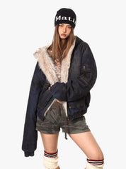 GKIKZ DIRTY DENIM HOODED FUR COLLAR JACKET