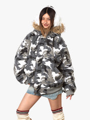 GKIKZ LUXURIOUS WHITE CAMOUFLAGE PRINT FAUX FUR HOODED JACKET