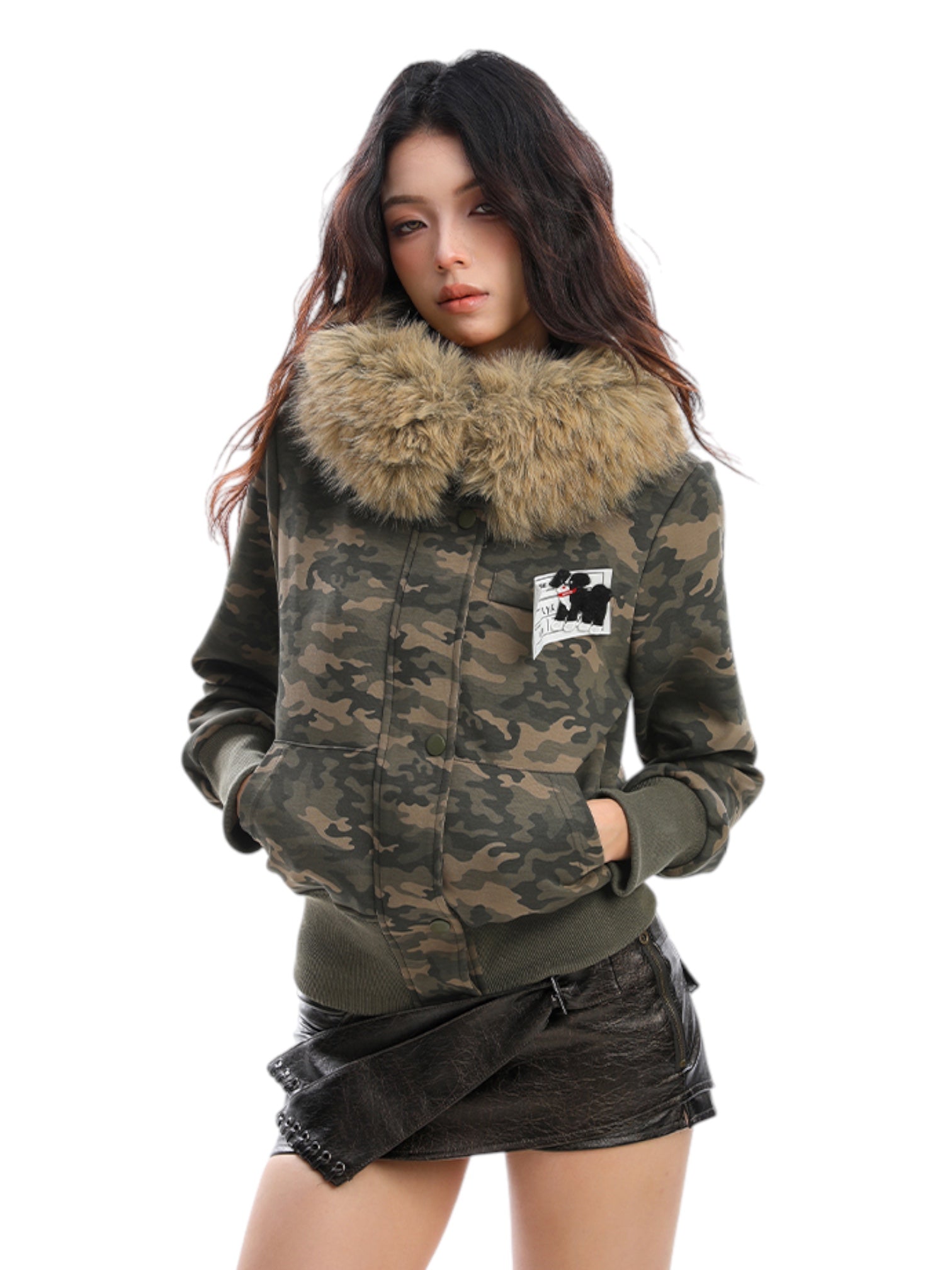 [25AW NEW ARRIVAL] GKIKZ CAMOUFLAGE CODE FAUX FUR JACKET