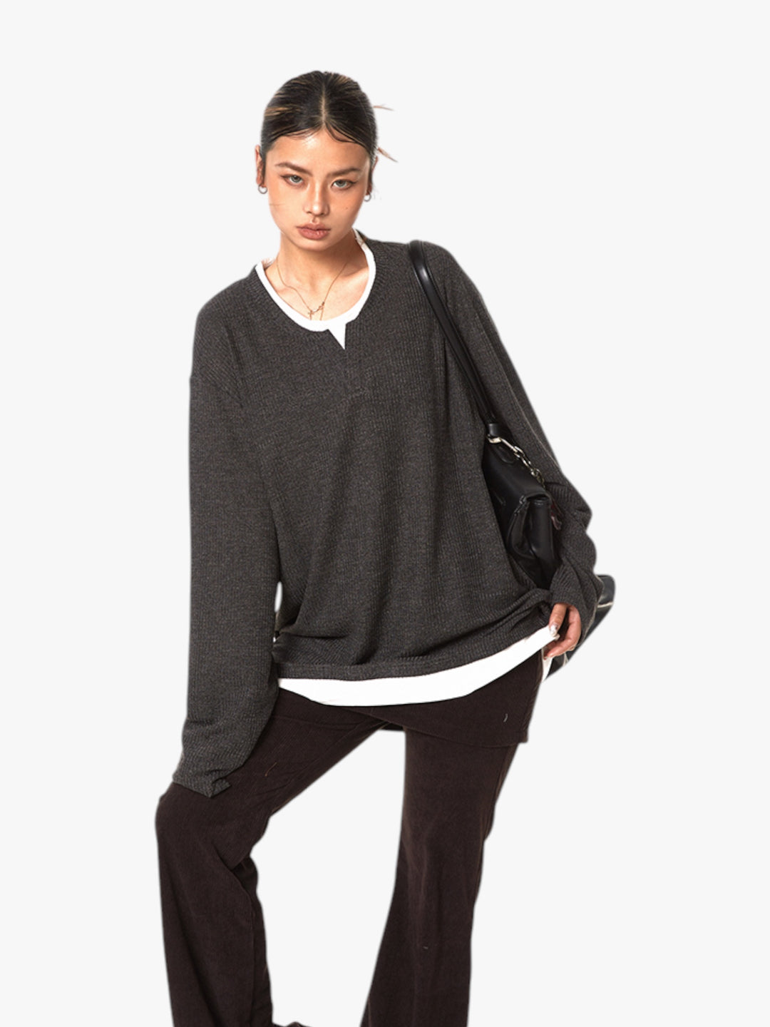GKIKZ TEXTURE FAKE TWO-PIECE OVERSIZED KNIT TEES