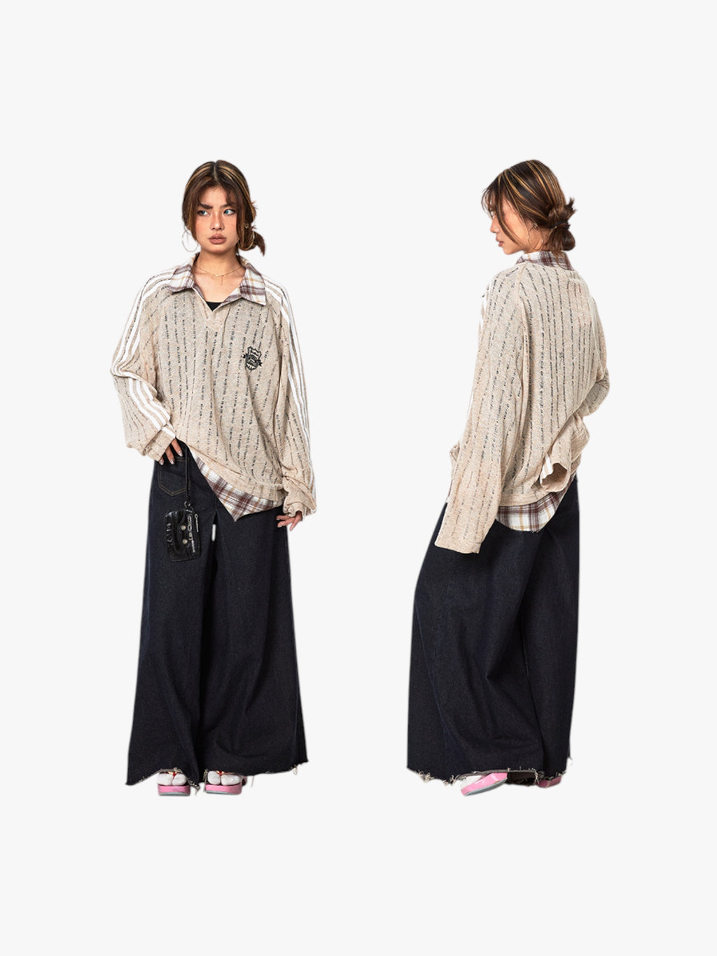 Vintage Stripe Stitching Contrast Slightly Transparent Multi-Layered Tees