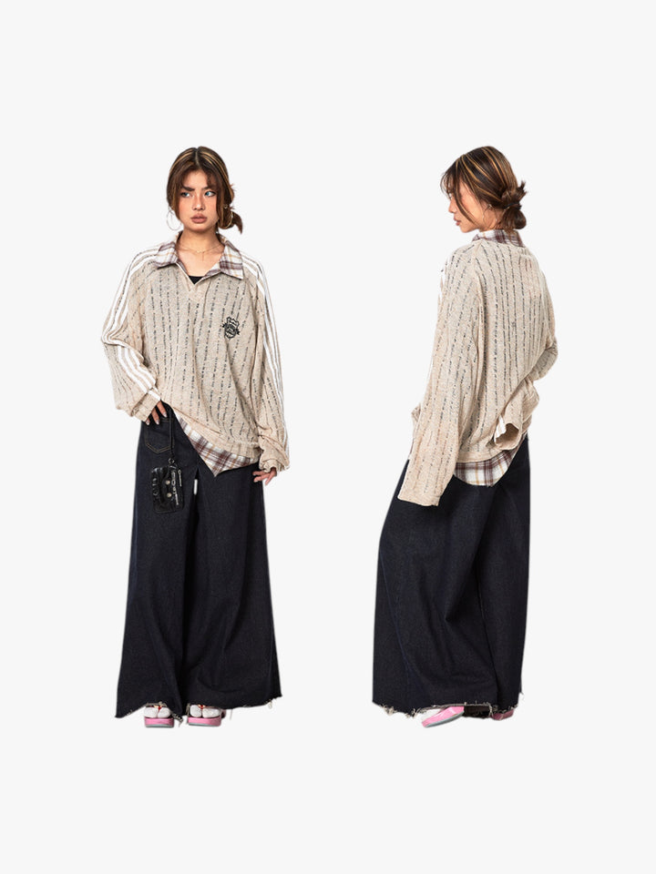 GKIKZ VINTAGE STRIPE STITCHING CONTRAST SLIGHTLY TRANSPARENT MULTI-LAYERED TEES