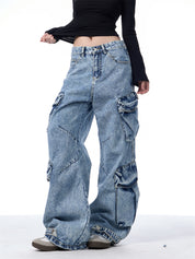 GKIKZ MULTI-POCKET HEAVY DENIM WIDE-LEG PANTS