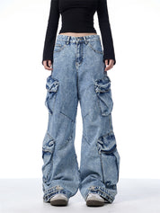 GKIKZ MULTI-POCKET HEAVY DENIM WIDE-LEG PANTS