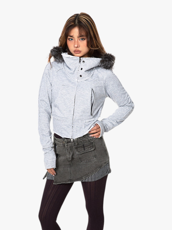 GKIKZ SLIGHT TIGHT FUR COLLAR HOODED CARDIGAN