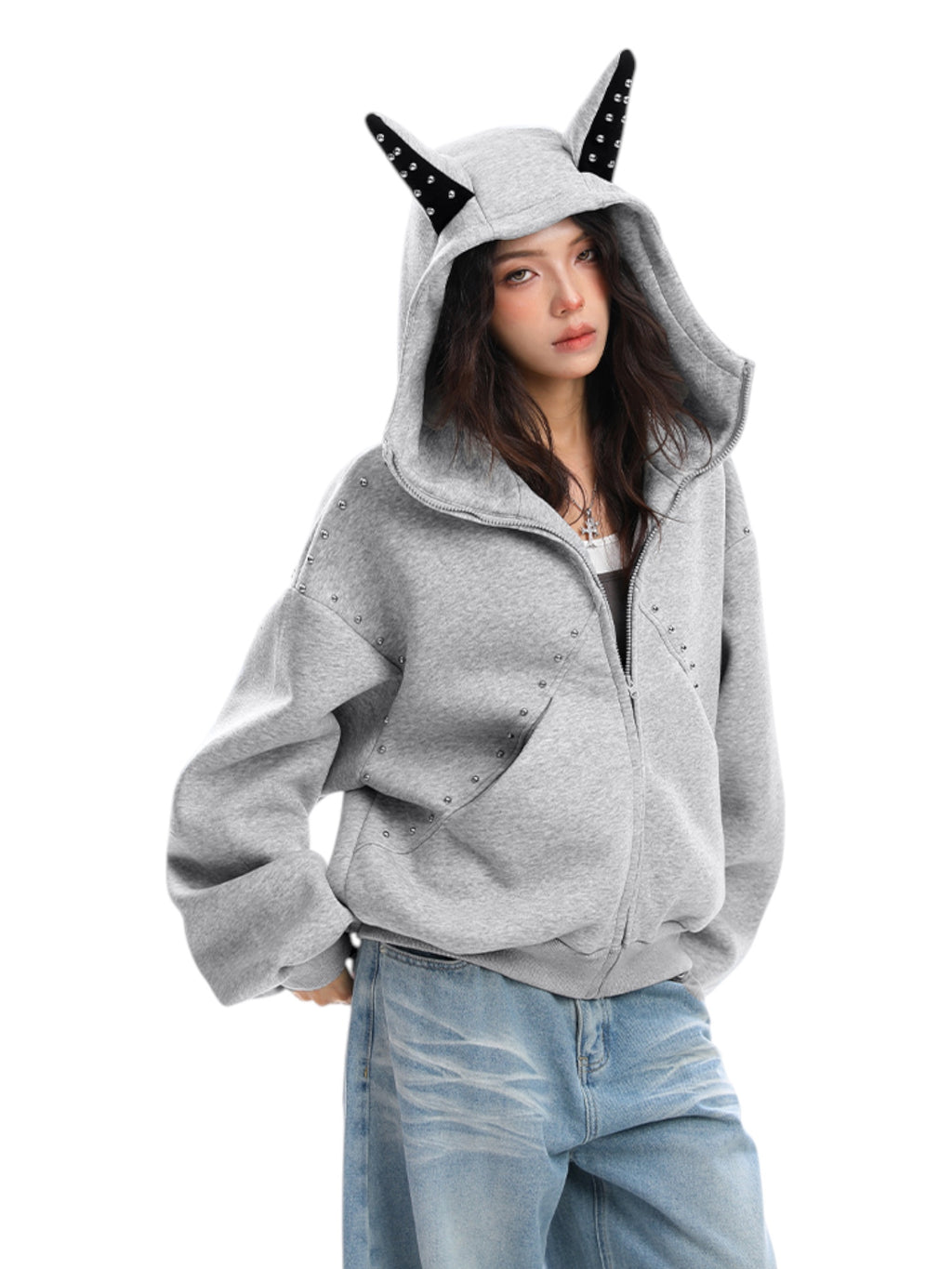 Studded Devil Horn Hoodie - Premium Cotton Zip-Up