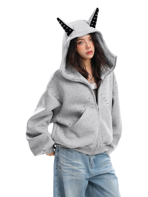 [25AW NEW ARRIVAL] GKIKZ STUDDED DEVIL HORN HOODIE - PREMIUM COTTON ZIP-UP