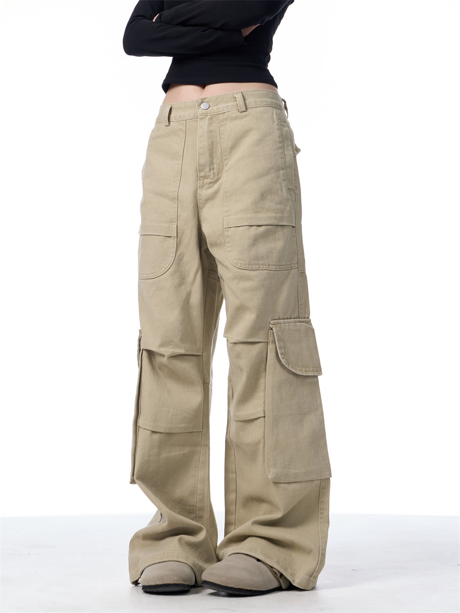 GKIKZ SYMMETRIC PLEATED WORKWEAR MULTI-POCKET BAGGY PANTS