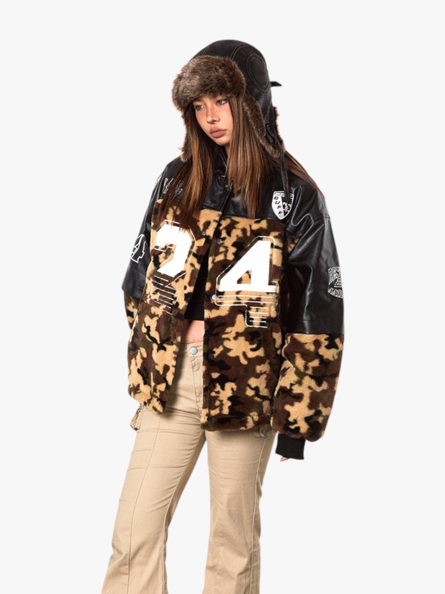 GKIKZ RUST CAMOUFLAGE AND PU LEATHER COTTON-PADDED JACKET