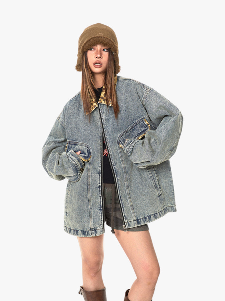 GKIKZ LEOPARD COLLAR RETRO STREET WASHED DENIM JACKET