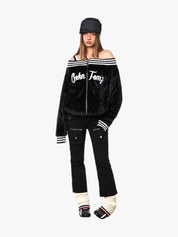 GKIKZ VELVET OFF-SHOULDER STRIPED COLLAR BOMBER JACKET