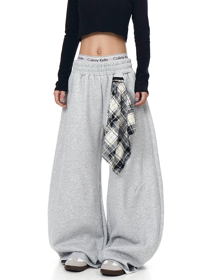 GKIKZ DETACHABLE PLAID SCARF LOOSE WIDE-LEG PANT