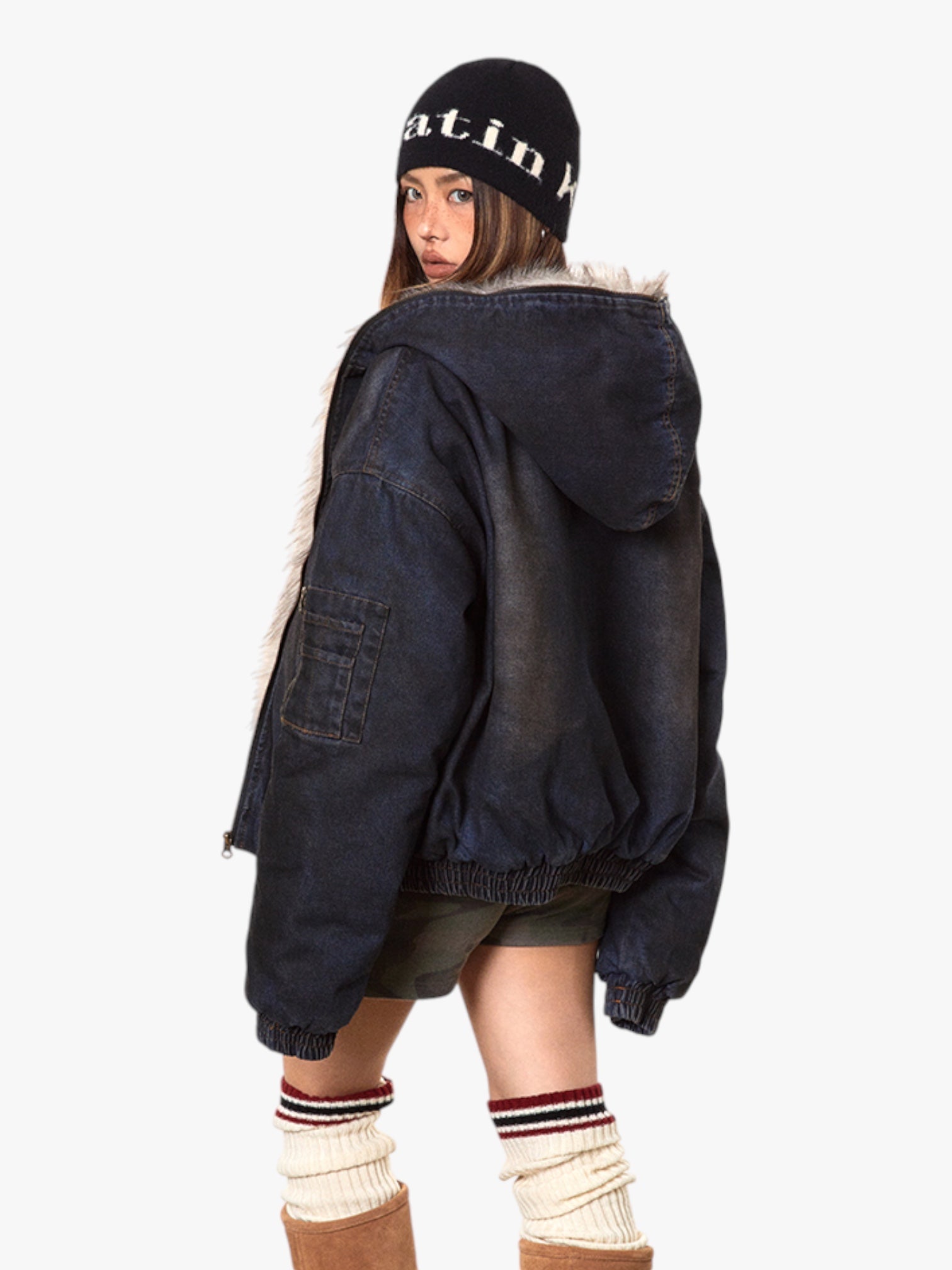 GKIKZ DIRTY DENIM HOODED FUR COLLAR JACKET