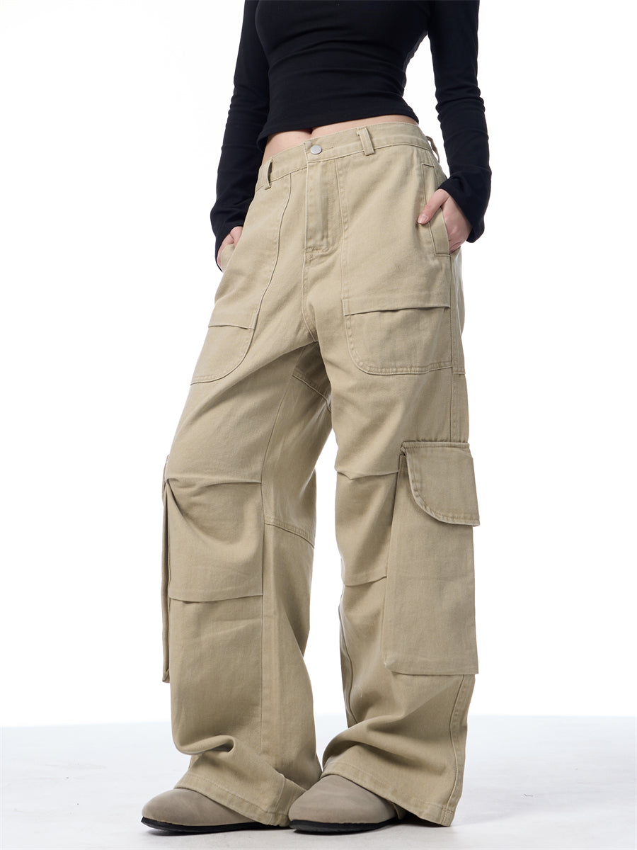 GKIKZ SYMMETRIC PLEATED WORKWEAR MULTI-POCKET BAGGY PANTS